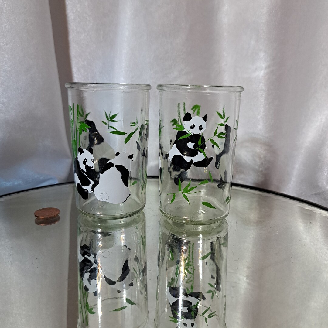 Darling A Pair of 1960s Jelly Jar Glasses Featuring Adorable Pandas and