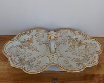 Hand painted gold gilded serving dish, dresser or cache tray or bathroom catchall...very nicely done. Odd mark in blue underside.