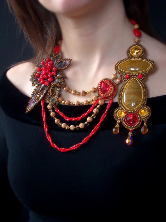 Items similar to Beaded. Beadwork. Beaded necklace (Autumn blues). on Etsy