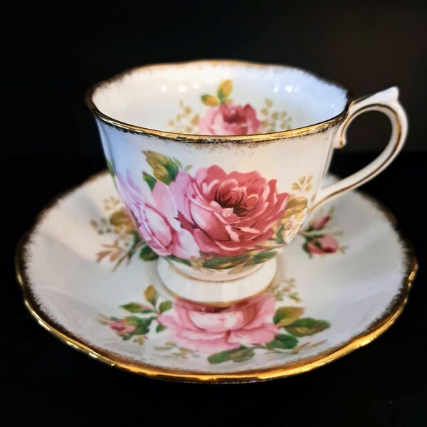 Royal Albert American Beauty bone china teacup saucer roses gold scalloped edge