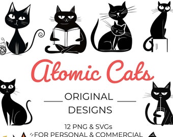 Atomic Cat SVG, Retro Cat Png, Atomic Cat PNG, Cat PNG bundle, Mid Century Modern, Black Cat Bundle, Vintage 1950s Cat, Atomic Kitty