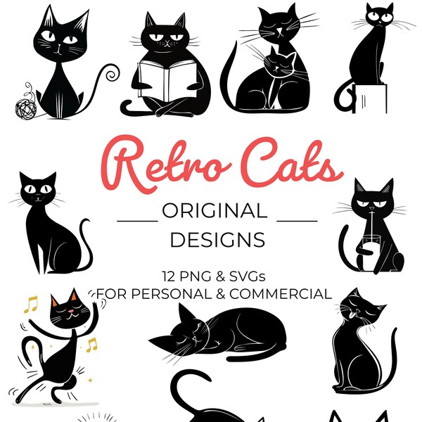 Retro Cat Png, Atomic Cat SVG, Atomic Cat PNG, Cat PNG bundle, Mid Century Modern, Black Cat Bundle, 1960s Cat,  Atomic Kitty