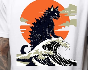 Catzilla in The Great Wave off Kanagawa by Hokusai Parody SVG for shirt sublimation, Japanese-inspired art, Kawaii Monster, funny cat gift