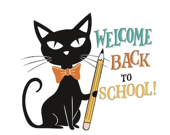 Atomic Cat Welcome Back to School PNG SVG JPG for cat lovers, Retro Mid-Century Modern, Black Cat, 1950s Atomic Kitty, mcm Decor