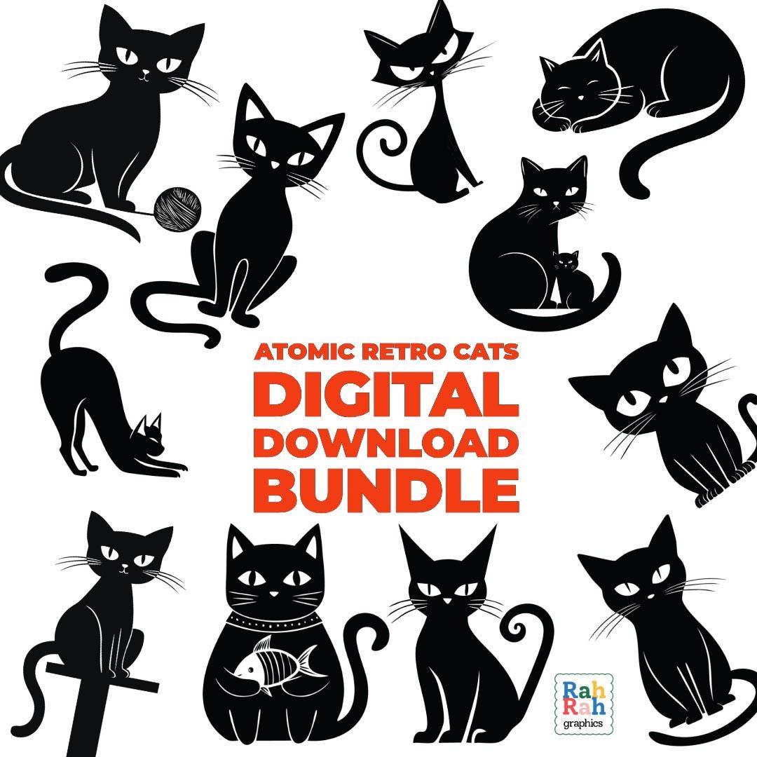 Retro Mid Century Modern Black Cat SVG PNG Bundle of 11 - Atomic Kitty Vintage 1950s Clipart