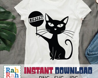 RESIST Mid Century Modern 1950s Atomic Black Cat png, svg, jpg T-shirt, sticker, decal design for liberal cat lovers, childless cat lady