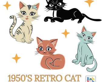 Atomic Age Cat SVG PNG Bundle, Mid Century Modern Printable Clipart, Retro 1950s Whimsical Illustrations