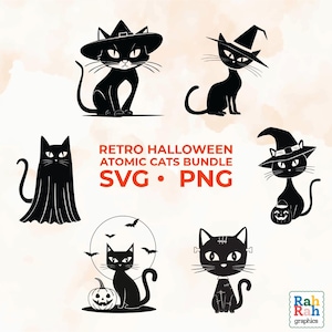 Retro Mid Century Modern Halloween Atomic Cat Bundle SVG Cut File, PNG, 1950s witch cat, Fall, Autumn, Ghost, Witch, Pumpkin Svg, Cricut,