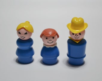 Vintage Fisher Price Little People Plastic Blue Woman Child Man Cowboy Farmer Set of 3 Collectible Toy