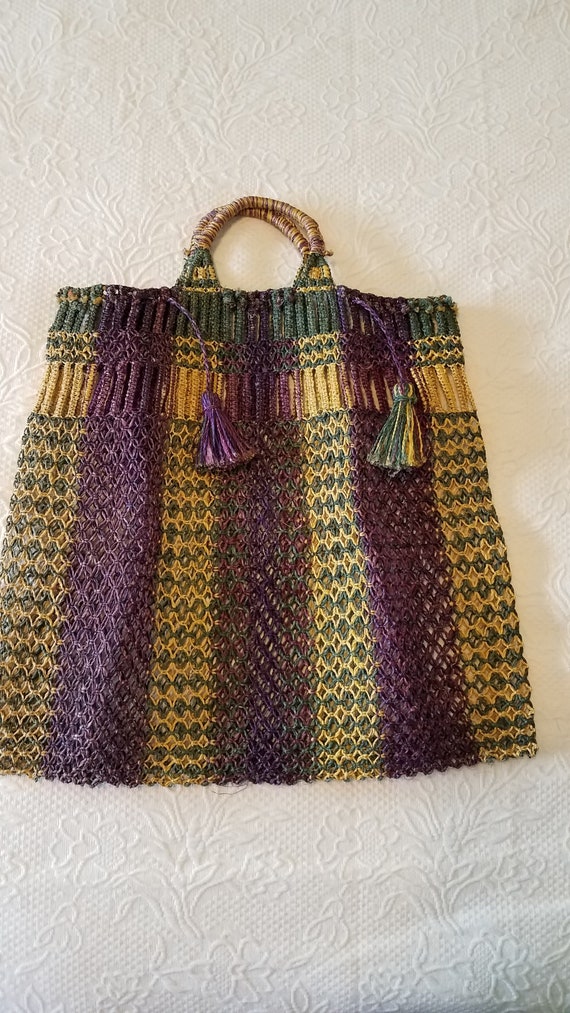 Vintage 1960s ~ Jute Woven Crochet Market Bag ~ Ta