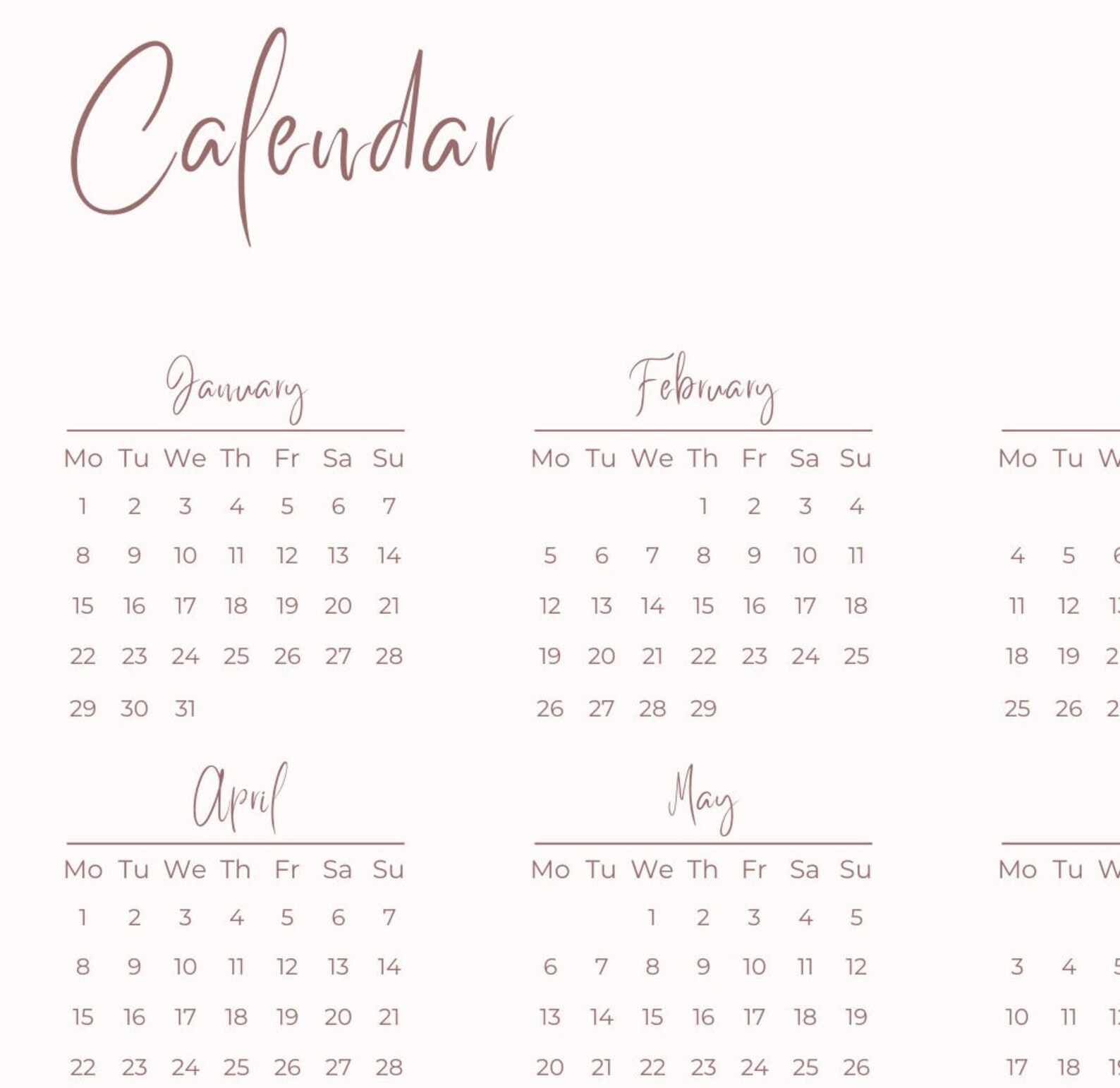 2024 Calendar, Printable Calendar, Digital Download, Goodnotes Calendar