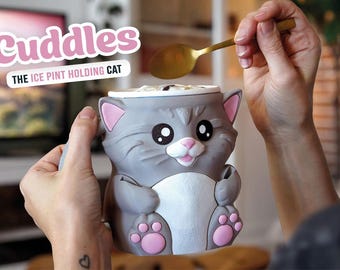 Cuddles the Cat Ice Cream Pint Holder – 3D Printed Cute Cat Dessert Holder – Fun Gift for Cat Lovers