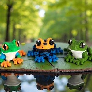 May include: Three colorful frog figurines sit on a lily pad. The frogs are green, blue, and orange, with large eyes and detailed features. The lily pad is brown and green, and the background is a blurred forest scene.