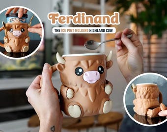 Ferdinand the Highland Cow Ice Cream Pint Holder – 3D Printed Cute Cow Dessert Holder – Fun Gift for Cow Lovers