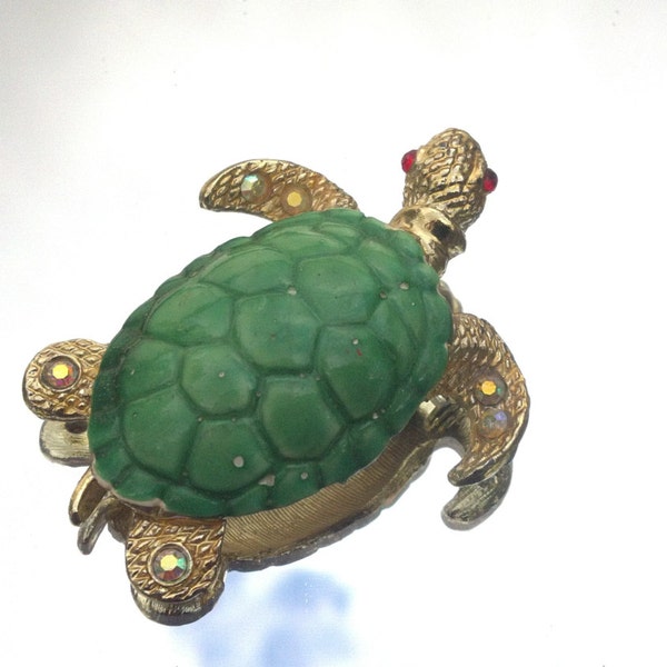 Vintage Sea Turtle Enameled Pin Brooch Rhinetone Accents