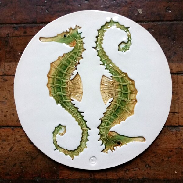 Seahorse Pair large round handmade ceramic art tile trivet