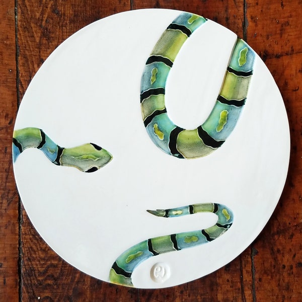 Green snake ceramic handmade art tile trivet