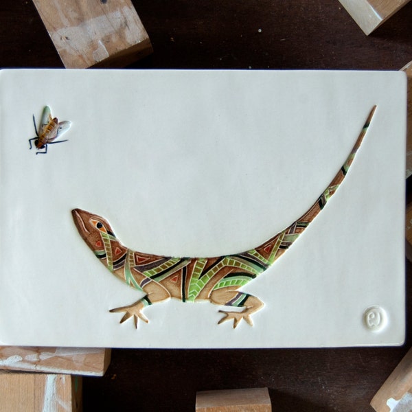 Lizard and Fly Art Tile Handmade Ceramic