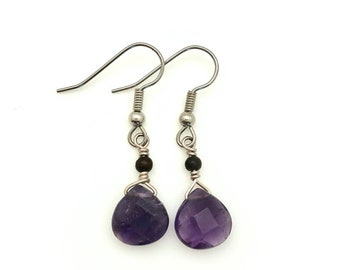 Amethyst Earrings with rosewood bead, simple gemstone dangle earrings, sterling silver, February birth stone earrings