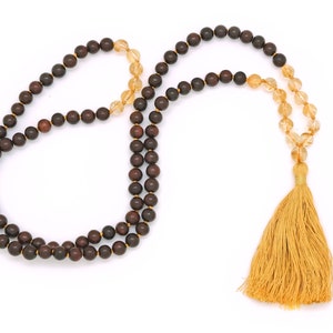 Rosewood & Citrine Mala, hand-made silk tassel, 108 prayer bead necklace