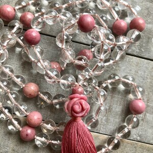 Love Amplifier Mala with Quartz & Rhodonite Rose » 108 bead knotted mala necklace