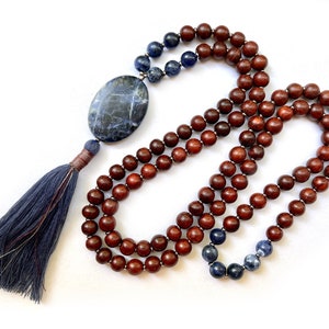 Sodalite & Rosewood Mala: 108 Bead Prayer Necklace with Tassel