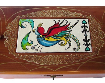 Vintage Cedar Keepsake Box - "Von Dutch Flying Eyeball" Homage  Rockabilly Goldfinch Hand Painted Design