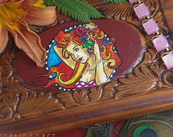 Vintage Cedar Keepsake Box with Art Nouveau Hand Painted Pin Up Girl