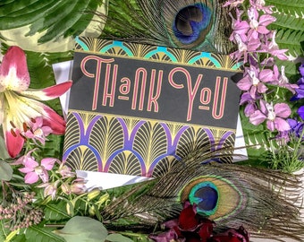 Greeting Cards, Peacock Art Deco Thank You, Blank Cards 8/16/24 pcs, Stationery Set, Note Cards, Thank You Notes, Gift Cards, Art Deco