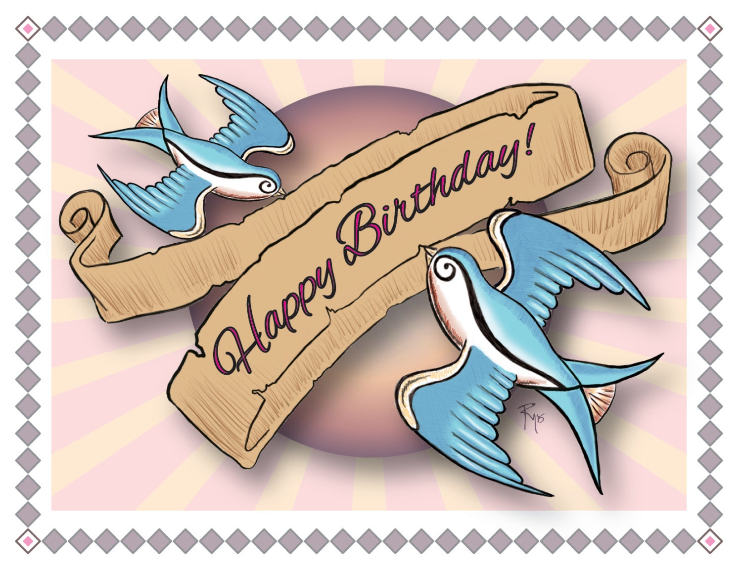 Tattoo Flash Art Birthday Card - Happy Birthday - Swallows BLANK INSIDE, Fr...