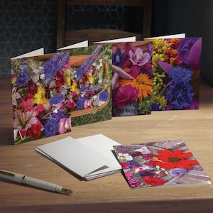 Cartes de voeux, collection « Bouquet in a Basket » - Cottagecore, cartes multi-angles, paquet de 5, art floral, cadeau, anniversaire, remerciement