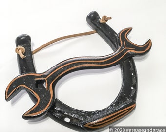 Hot Rod - Pinstriped Horseshoe - Orange & Black, Kustom Kulture, Automotive Art, Garage Art, Man Cave, Garage Decor, Repurposed Tools