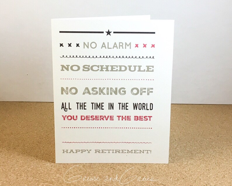 retirement card congratulations no alarm coworker card boss card friend card blank inside free ship free retirement cards to print