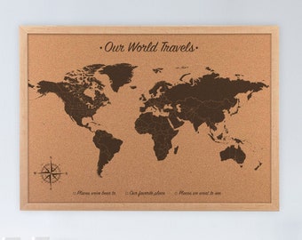 corkboard world push pin map [ wood anniversary gift idea, bnb, apartment decor ] JW Design Studio