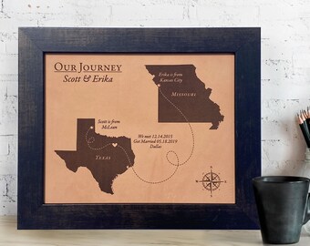 Our journey map leather  [ leather anniversary gift, love story map, 3rd anniversary gift, custom map art ] JW Design Studio