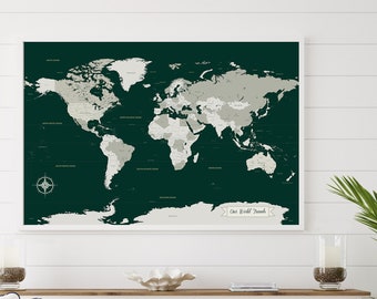 Emerald Green Wall Art World Map [ 1st anniversary paper gift idea, travel map for him or her ] JW Design Studio