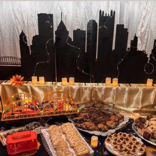 Cookie Dessert Table Wedding Decor, huge skyline art [ Pittsburgh or any major city silhouette ] JW Design Studio