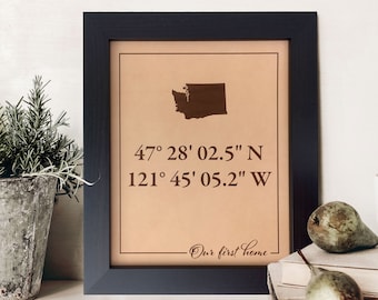 Leather Wedding Sign with GPS Coordinates - Housewarming, New homeowner gifts