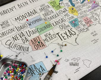 Whimsical USA Push Pin Travel Map 11x14 inch, Personalized DIY Watercolor Paint Travel Tracker