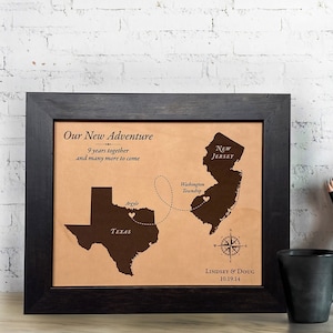 Our journey leather map features a love story keepsake.  Custom designed and personalized. This leather map is the perfect anniversary gift for him or her. Framed and ready to hang, the sample image shows the journey between Texas and New Jersey