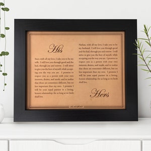 wedding vows framed engraved on leather [ Couples wedding gift vows, leather anniversary gift ] JW Design Studio