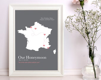 honeymoon map, itinerary travel map [ keepsake map, personalized map art, anniversary gift ] JW Design Studio