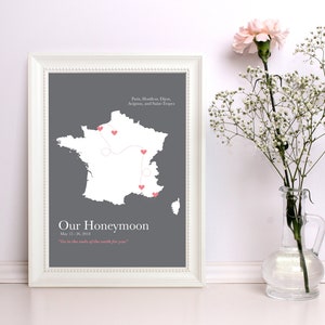 honeymoon map, itinerary travel map [ keepsake map, personalized map art, anniversary gift ] JW Design Studio