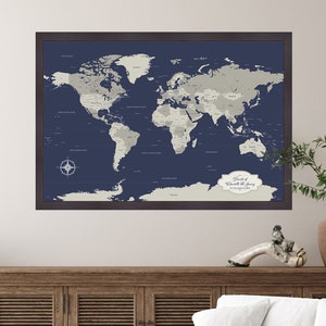 Mapa del mundo de viaje azul marino, algodón, regalos de segundo aniversario para él y ella / JW Design Studio