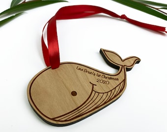 Personalized Baby&#39;s 1st Christmas Ornament - Rustic Wood Baby Whale Nautical Holiday Decor