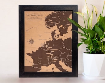 Our Love Story Map. detailed illustration 11x14 inch [ luxury leather anniversary gift idea, Europe map ] JW Design Studio