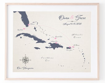 cotton anniversary, caribbean cruise honeymoon map, cotton gift idea or guest book alternative