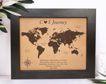 Leather World Map [ 3rd 9th anniversary gift idea, world travel keepsake ] JW Design Studio