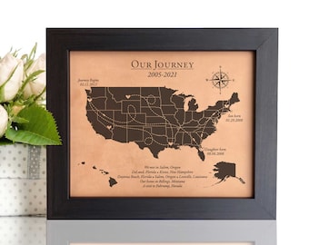 Leather USA Custom Travel Map, Our journey unique gift for 3rd and 9th Anniversary