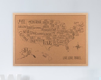 USA Cork Board Travel Map Personalized - Apartment, Dorm or House Decor | JW Design Studio